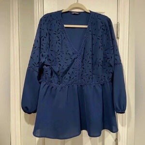 BloomChic Blue Black Velvet Floral Balloon Sleeve V Neck Ruffle Top Size 16